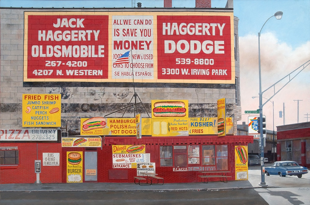 John Baeder Photorealist Painting of Hot Dog Stand