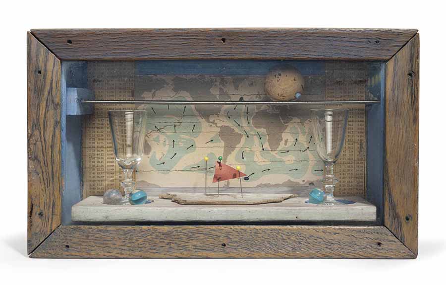 Joseph Cornell Wood Box with Map and Glassware