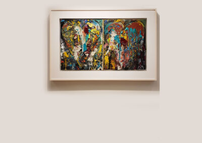 Installation view of abstract, textural heart diptych by Jim Dine