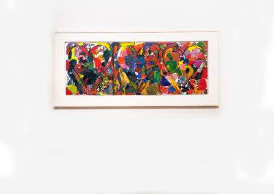 Install view of triptych painting of hearts on canvas by Jim Dine