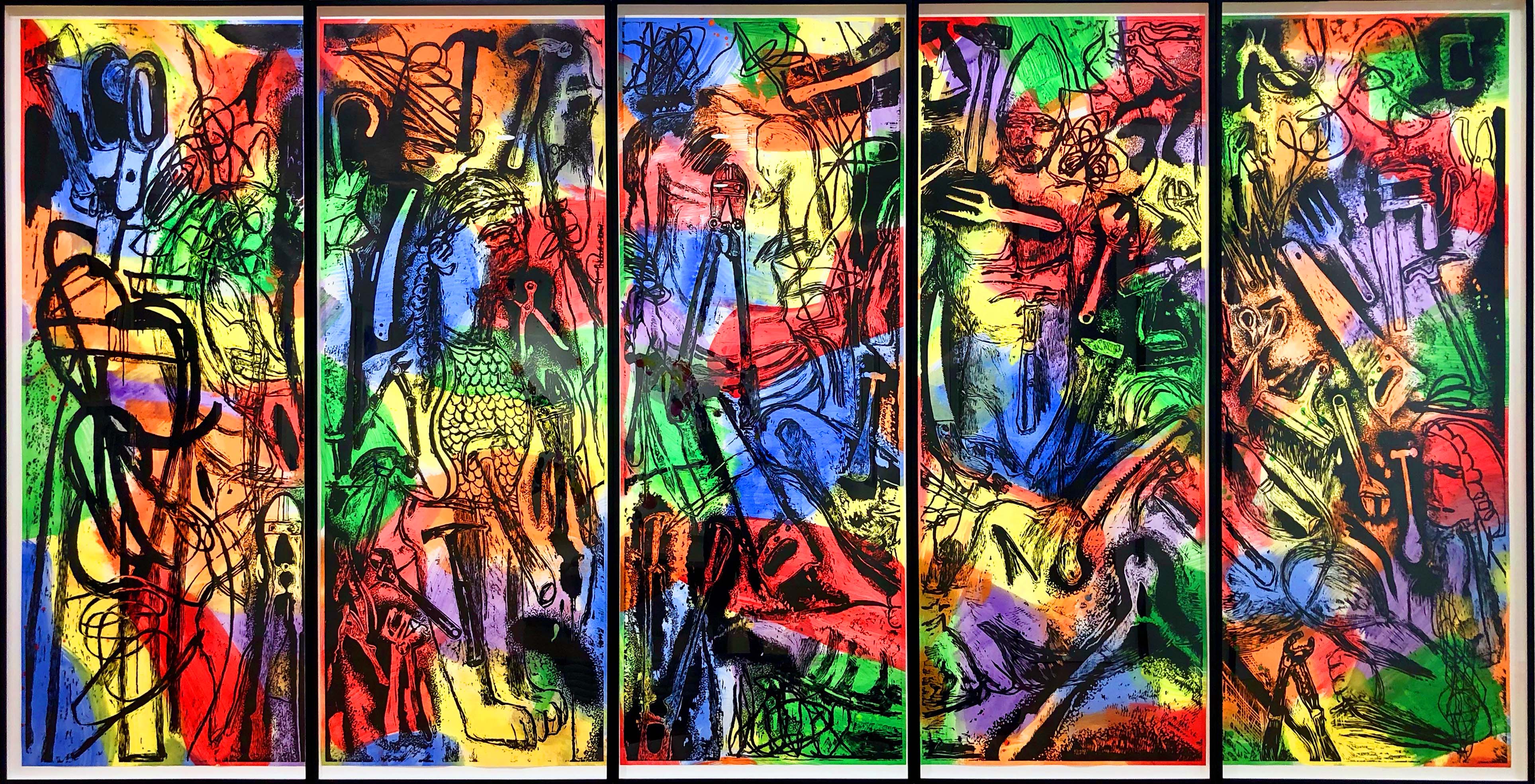 Brightly colored 5-panel print of tools and figures by Jim Dine