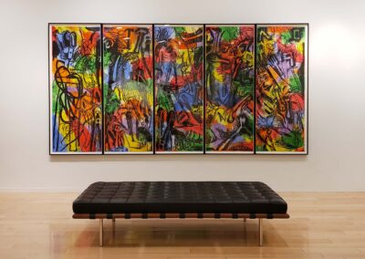 Installation view of five-part hand-colored print by Jim Dine with modern chaise in foreground
