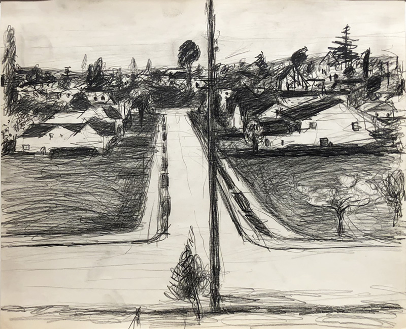 Richard Diebenkorn ink drawing of landscape in black and white
