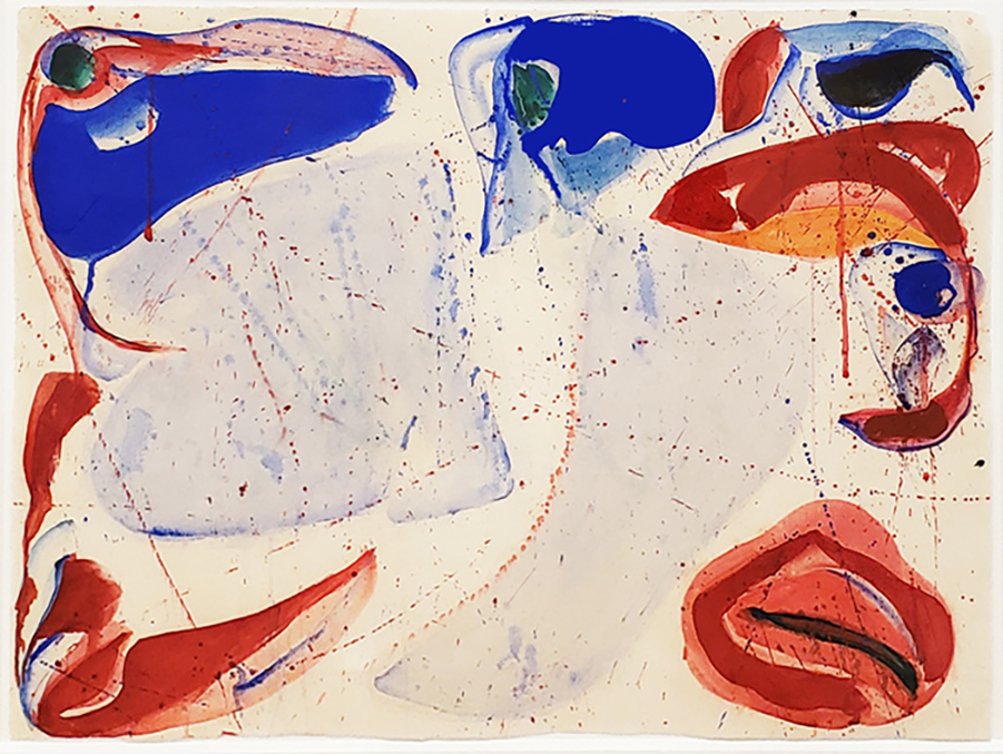 Sam Francis gouache painting in blue and red from blue ball series