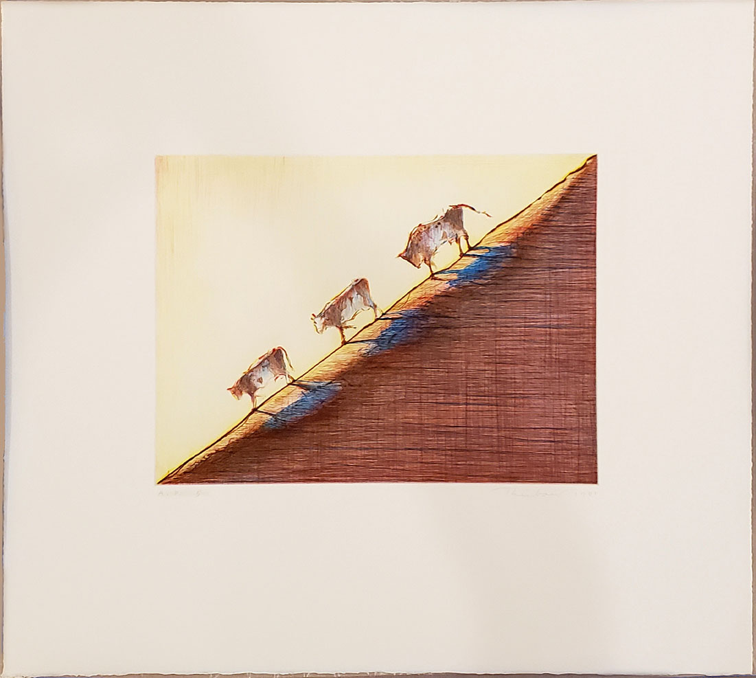 Print by Wayne Thiebaud depicted Three Cows on a Slope