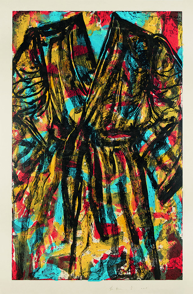 Jim Dine robe print with blue red and black marks
