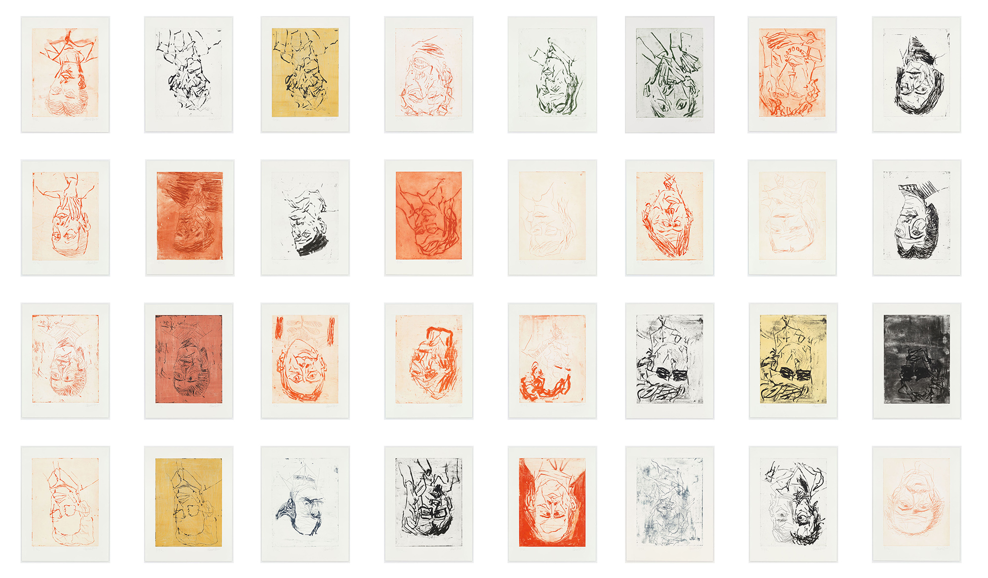 George Baselitz grid of portraits in a variety of colors