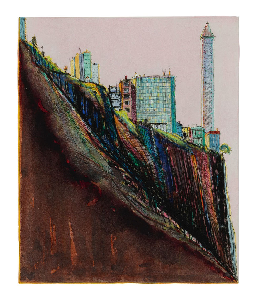 Wayne Thiebaud colorful painting of hillside with buildings