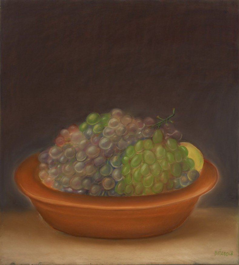 Pastel drawing of a bowl of grapes by Fernando Botero