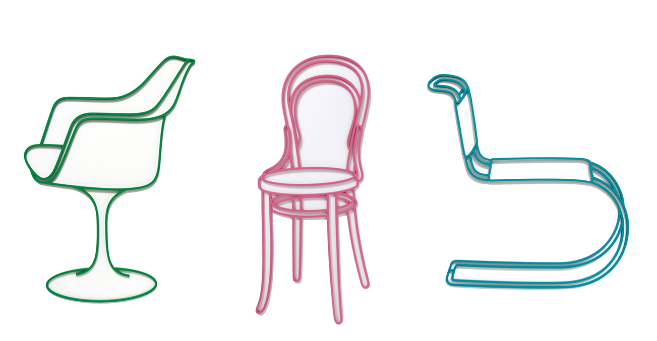 Michael Craig-Martin chairs in green, pink, and turquoise