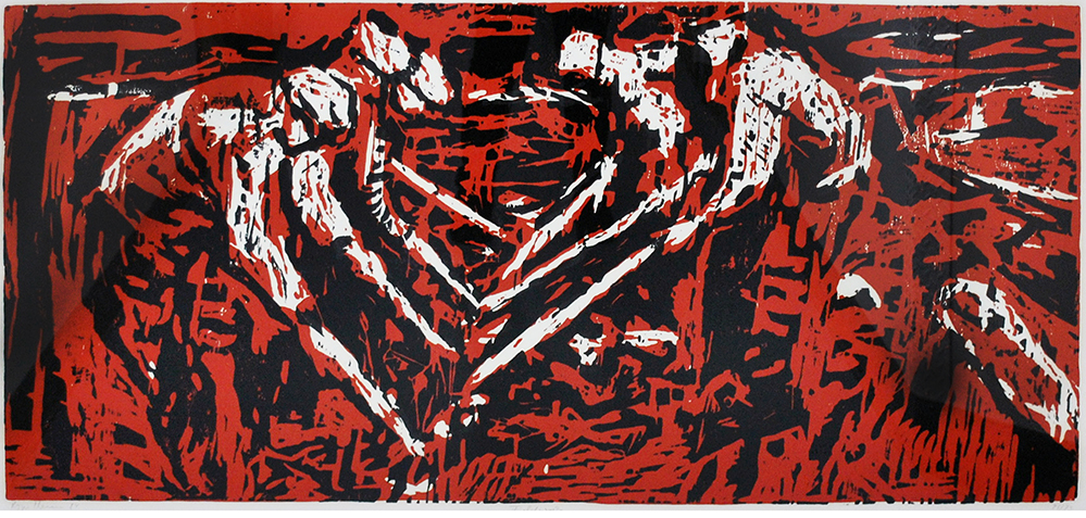 unframed image of red and black print depicting field workers by Roger Herman
