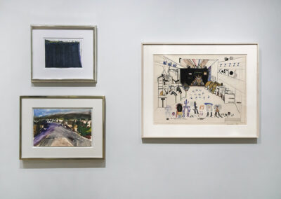 Head-On Installation Image of works in "On Paper" Exhibition by Wayne Thiebaud, Richard Diebenkorn, and Saul Steinberg