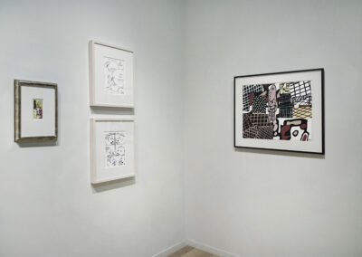 Installation Image of works in "On Paper" Exhibition by Roy Lichtenstein, David Shrigley, and Jean Dubuffet