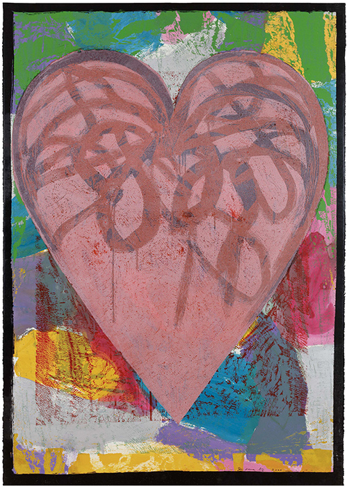 Closeup on Jim Dine print entitled Alice in Rose Hill depicting large pink heart with abstract background
