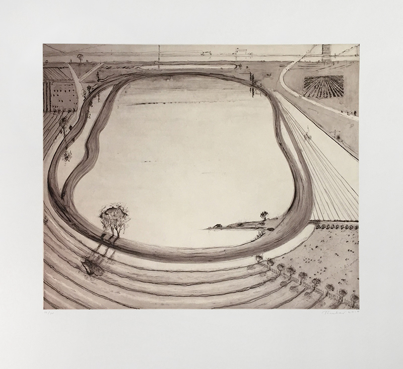 Full sheet image of Wayne Thiebaud etching depicting reservoir in sepia colors