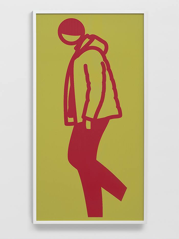 Julian Opie lenticular figure walking in red and chartreuse