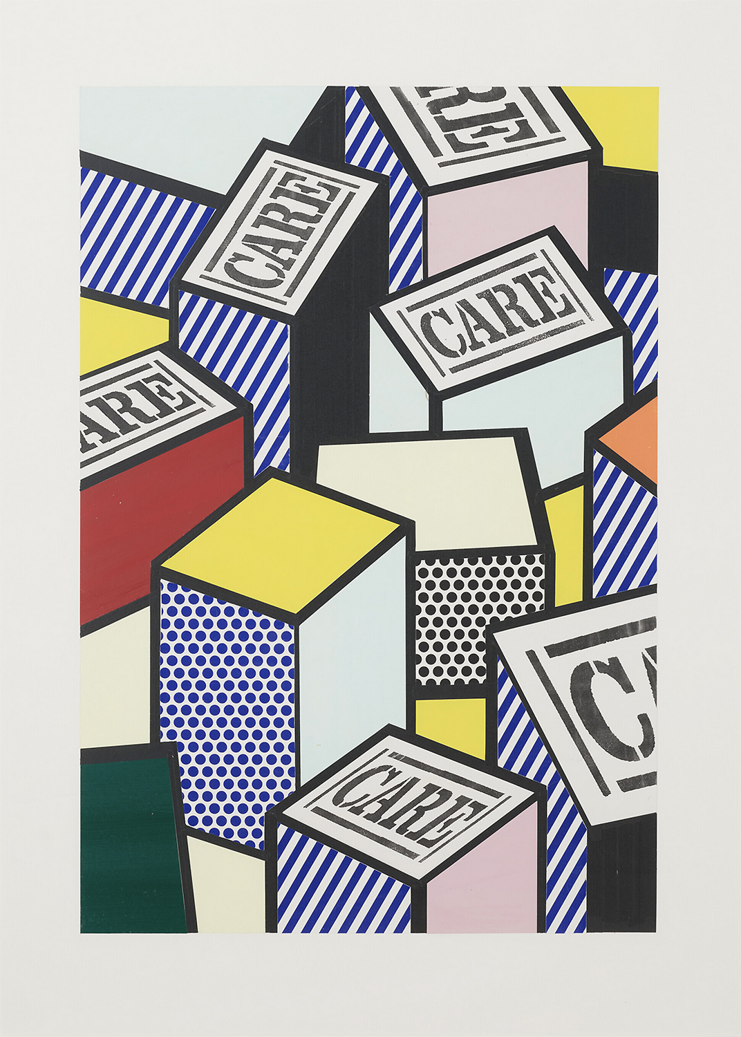 Collage by Roy Lichtenstein with blocks saying "care"