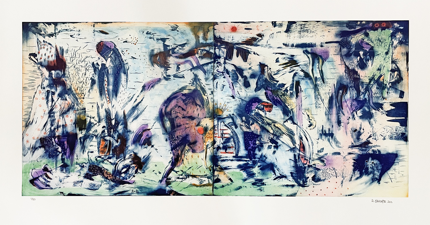 Ali Banisadr colorful print depicting sun and abstract elements