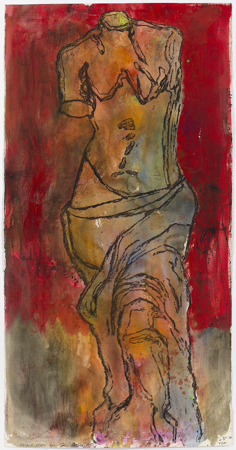 Jim Dine venus figure on red background with charcoal drawing
