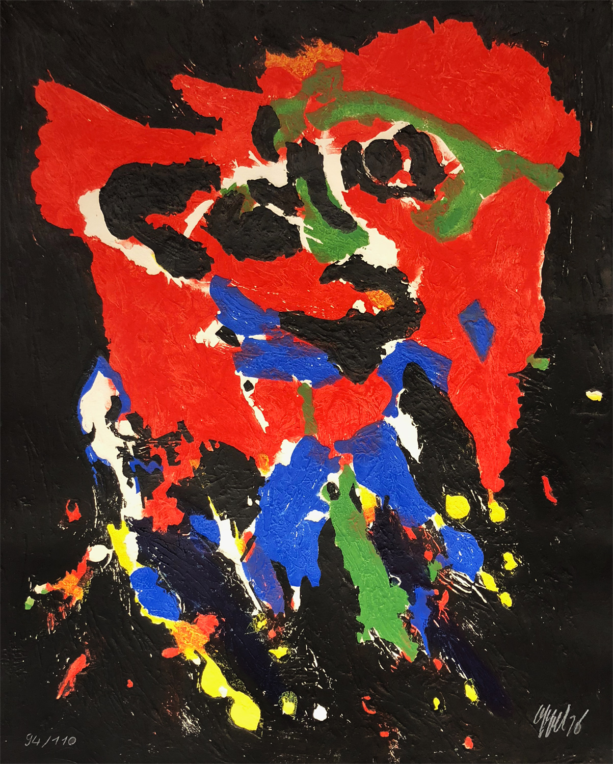 Karel Appel print with colorful abstracted figure on black background cropped