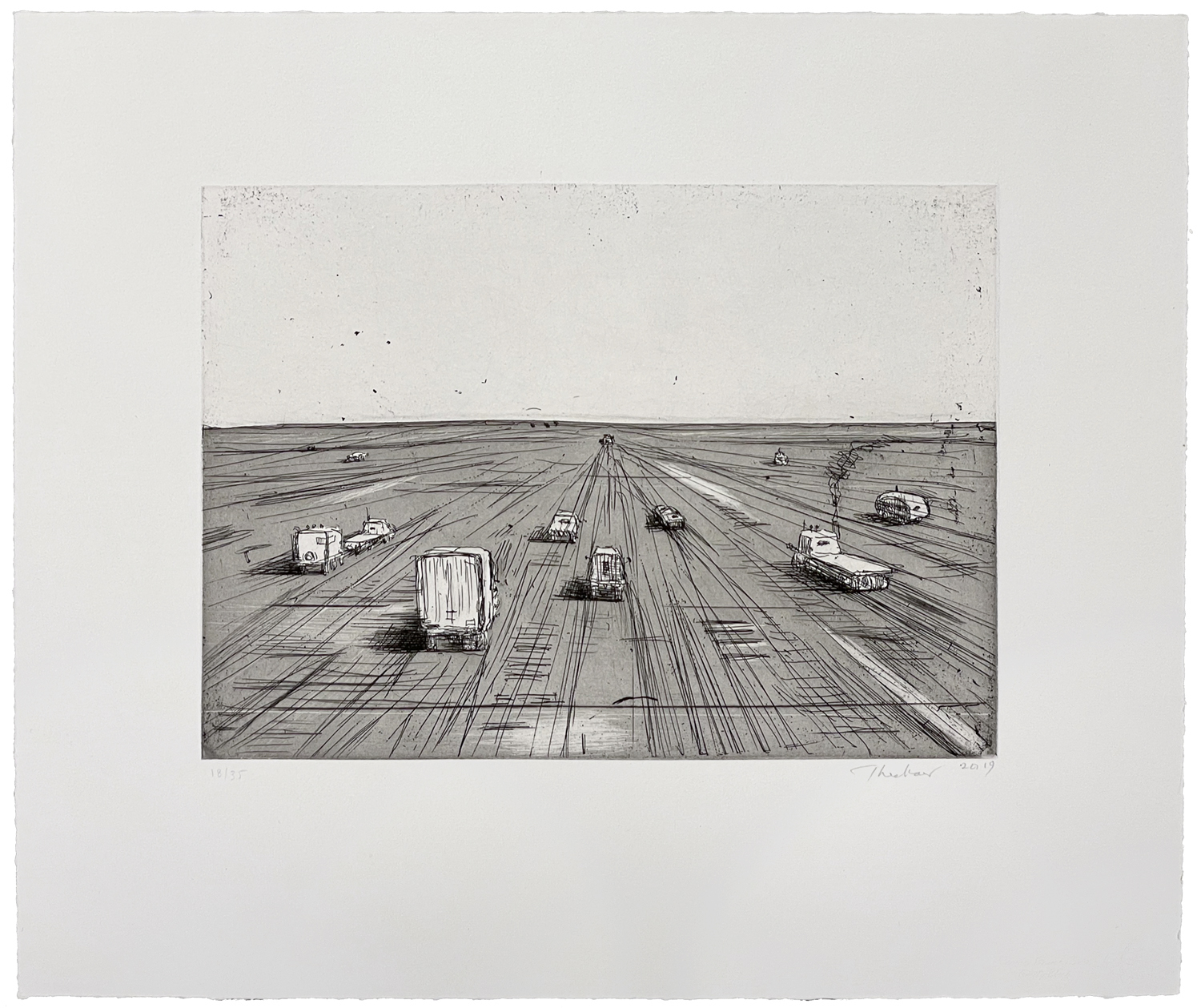 closeup image of Wayne Thiebaud etching depicting cars traveling on road