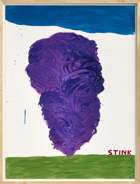 David Shrigley painting of a purple cloud with words stink below