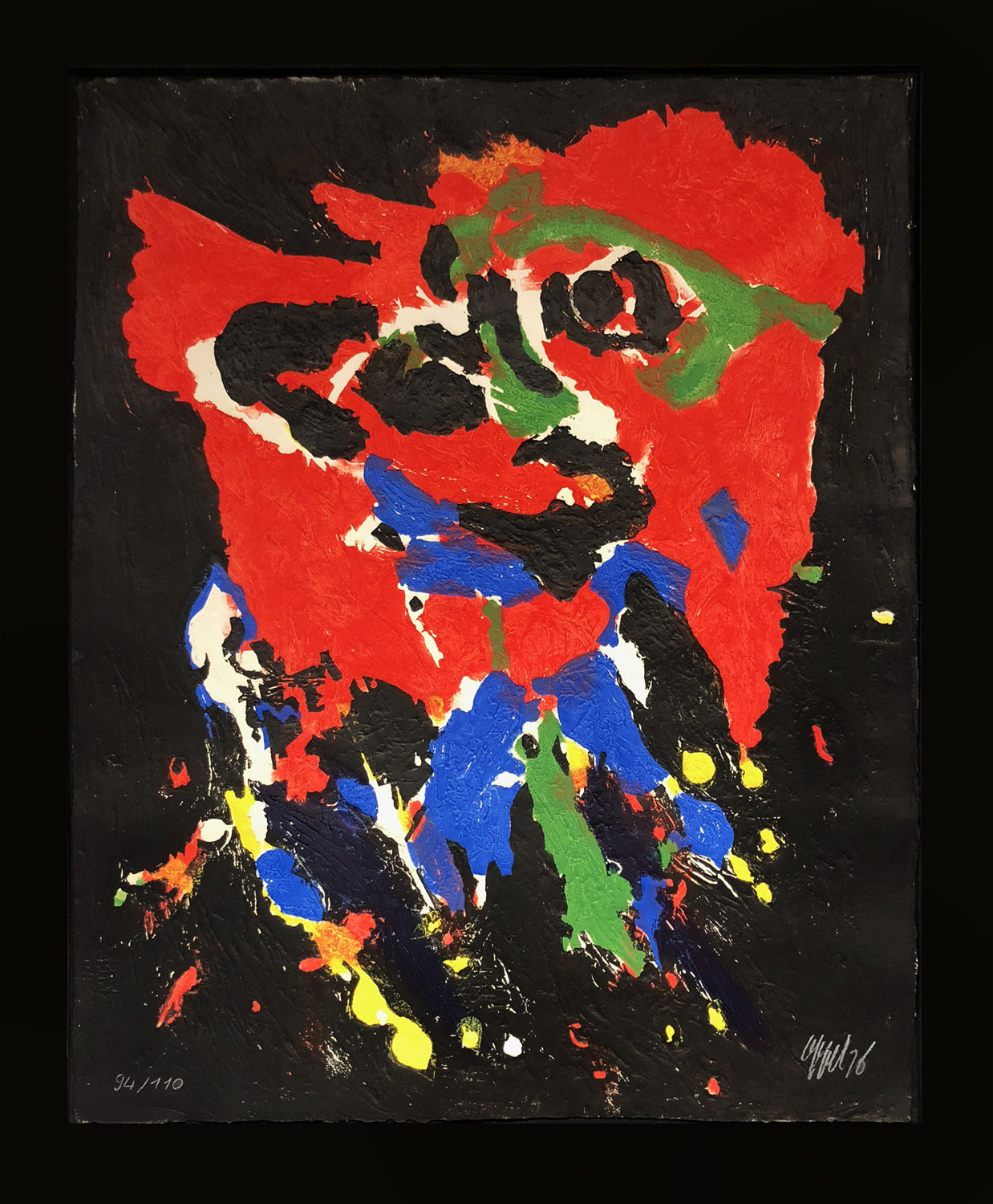 Karel Appel print with colorful abstracted figure on black background