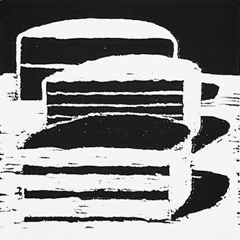 Wayne Thiebaud woodblock print in black and white depicting cake slices