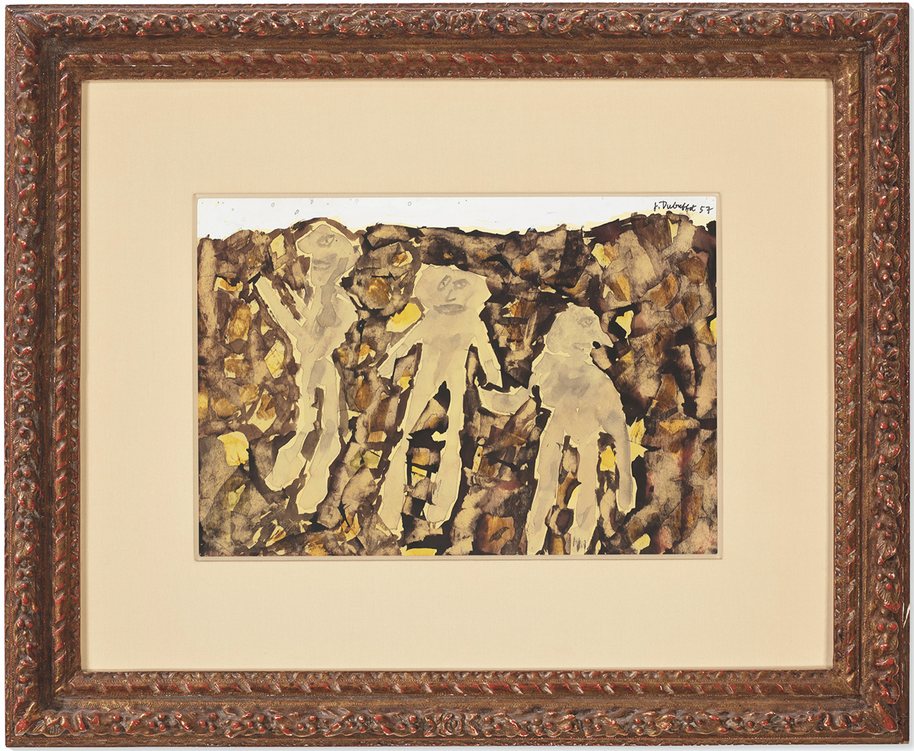 Jean Dubuffet Drawing of two flying automobiles in gold frame