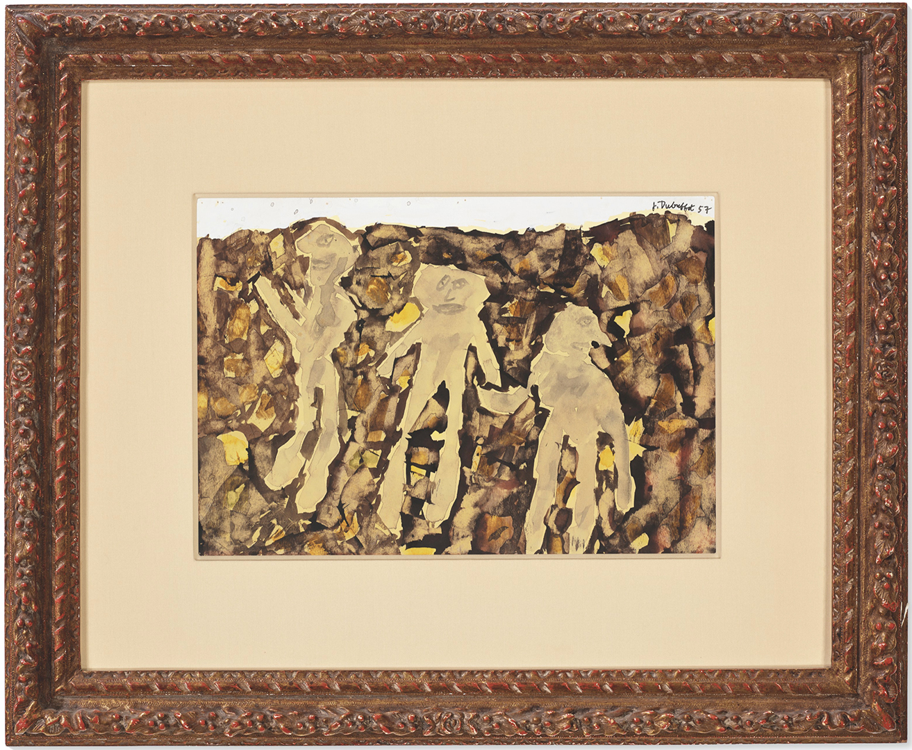 Jean Dubuffet painting on paper depicting three figures on brown background