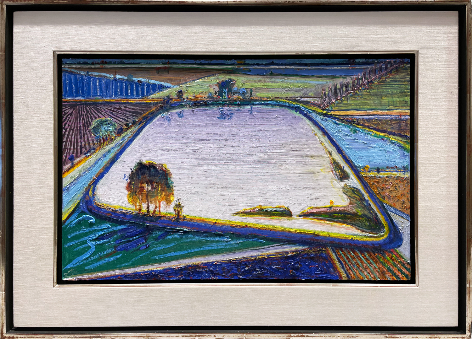 Wayne Thiebaud colorful painting on canvas of irrigation pond with trees